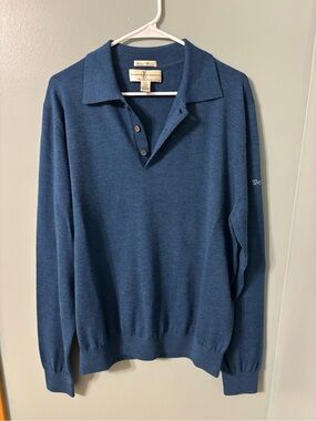 Fairway & Greene Blue V-Neck Polo Sweater L 100% Merino wool